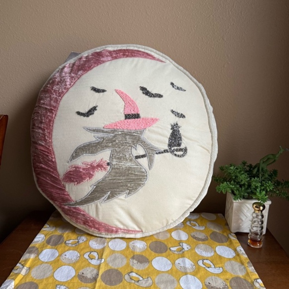 Rachel Zoe NWT ivory, pink silver beaded Witchy Moon decorative Halloween pillow